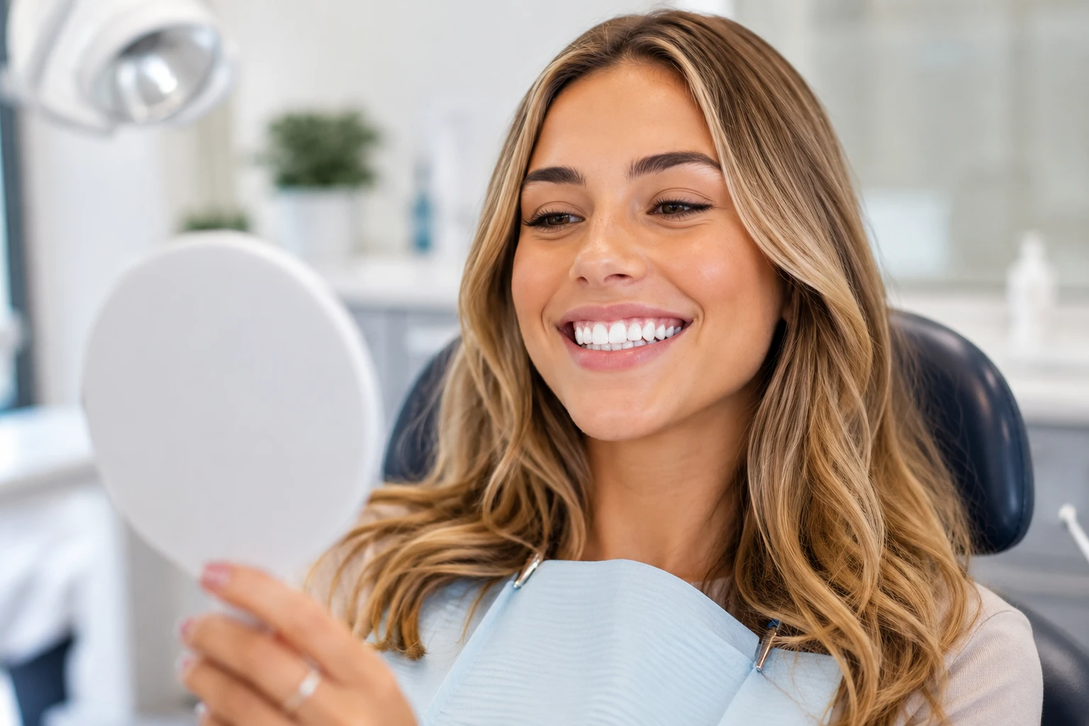 Woman smiling after professional teeth whitening treatment while checking brighter teeth in a dental office