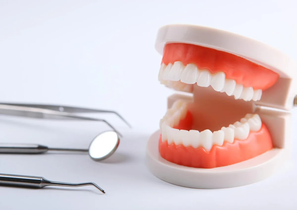 Dental model showing a full set of teeth and dental instruments to illustrate how many teeth humans have.